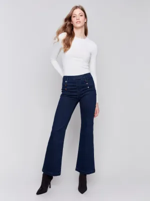 Pull-On Flare Jeans With Front Buttons - Blue Black