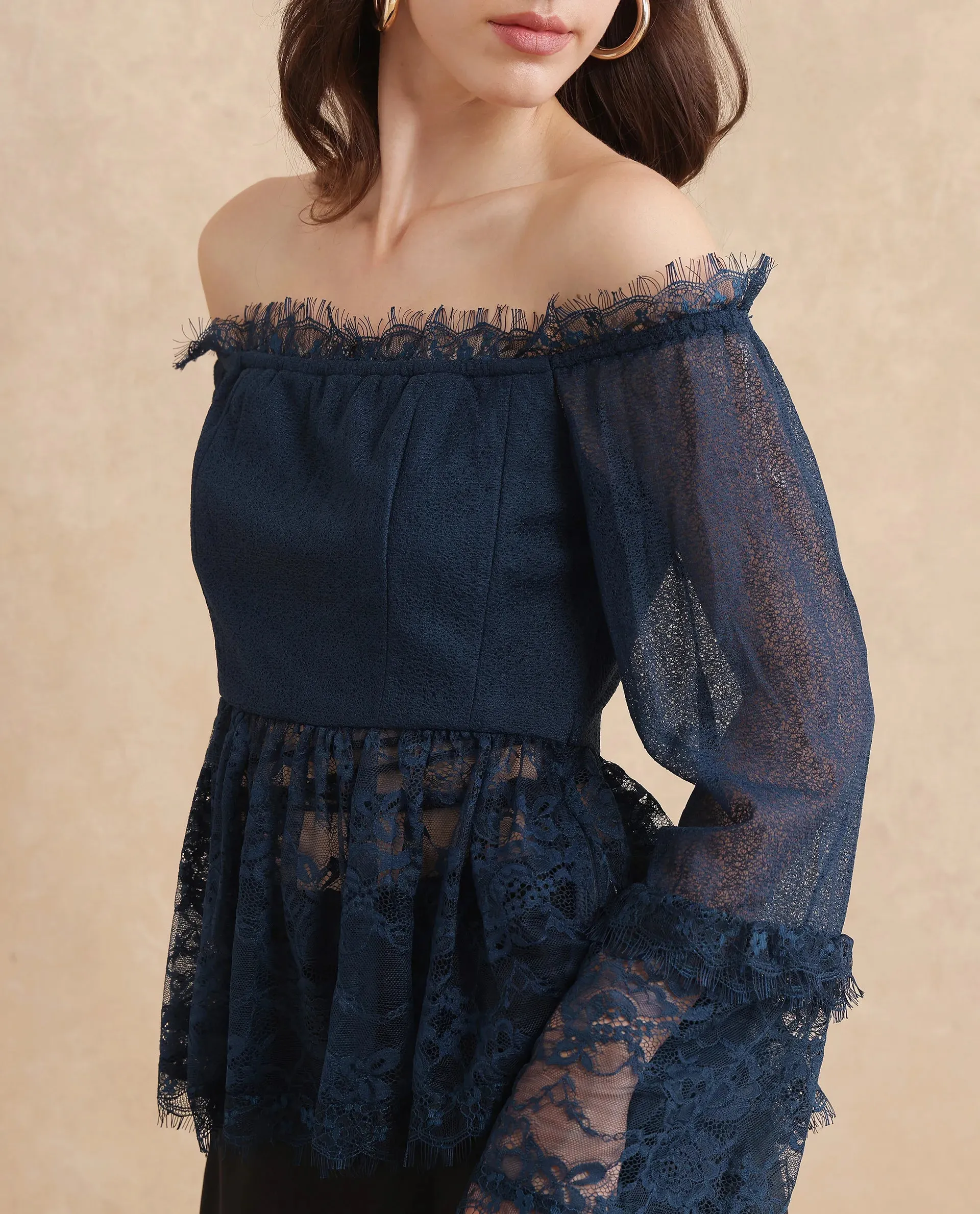 Rareism Women Balikesar Blue Flared Sleeve Off Shoulder Flared Plain Top