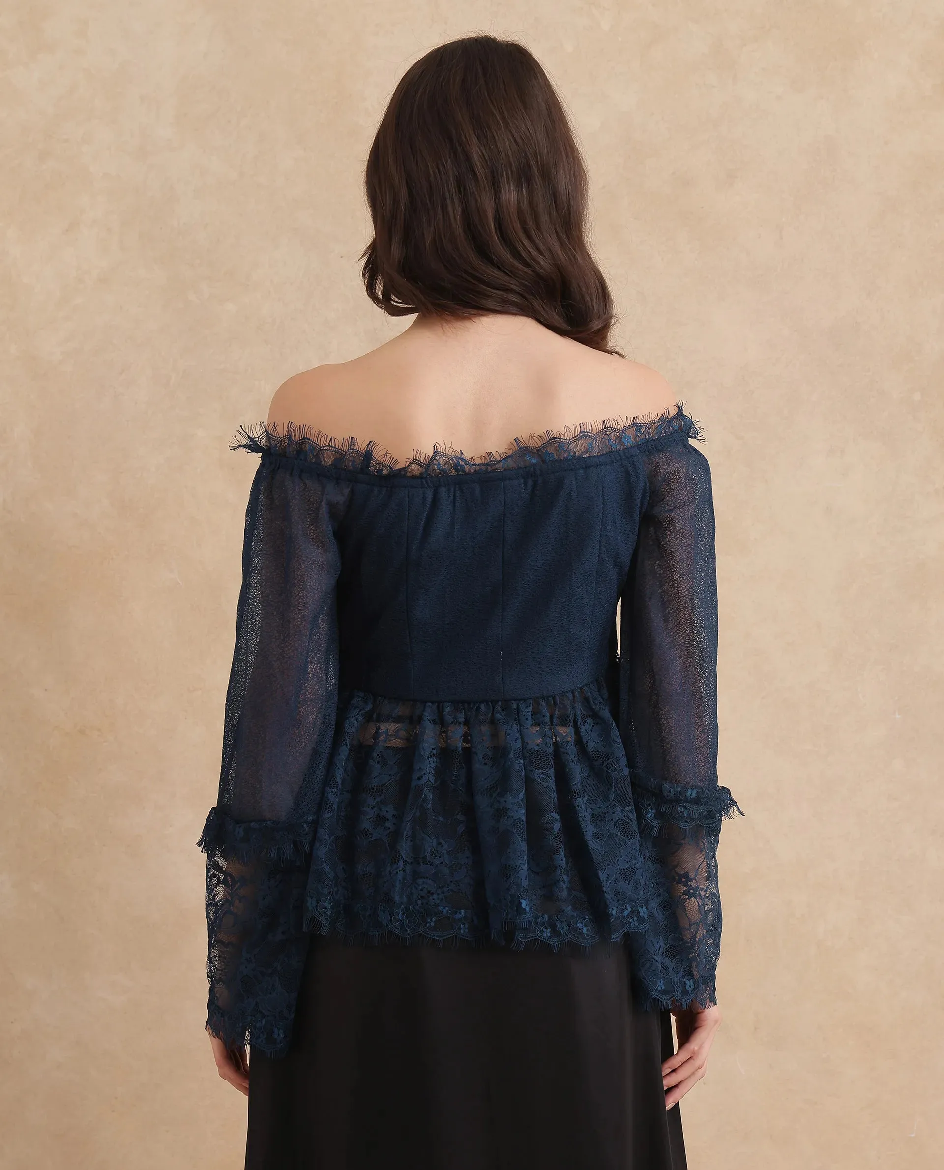 Rareism Women Balikesar Blue Flared Sleeve Off Shoulder Flared Plain Top