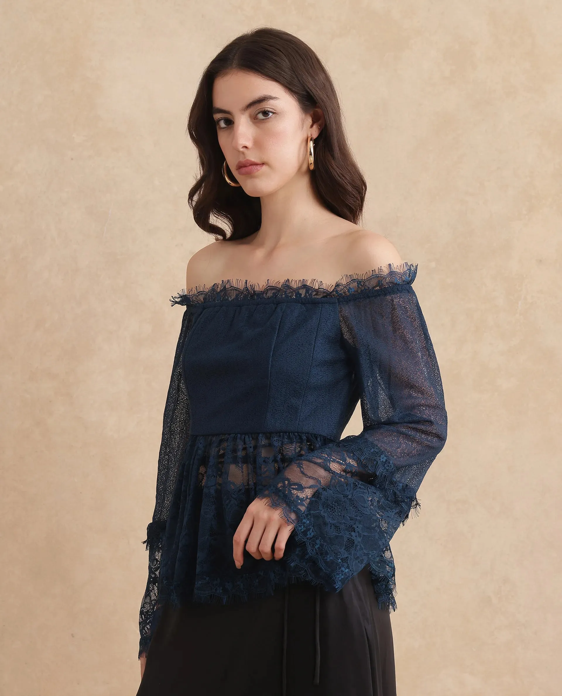 Rareism Women Balikesar Blue Flared Sleeve Off Shoulder Flared Plain Top