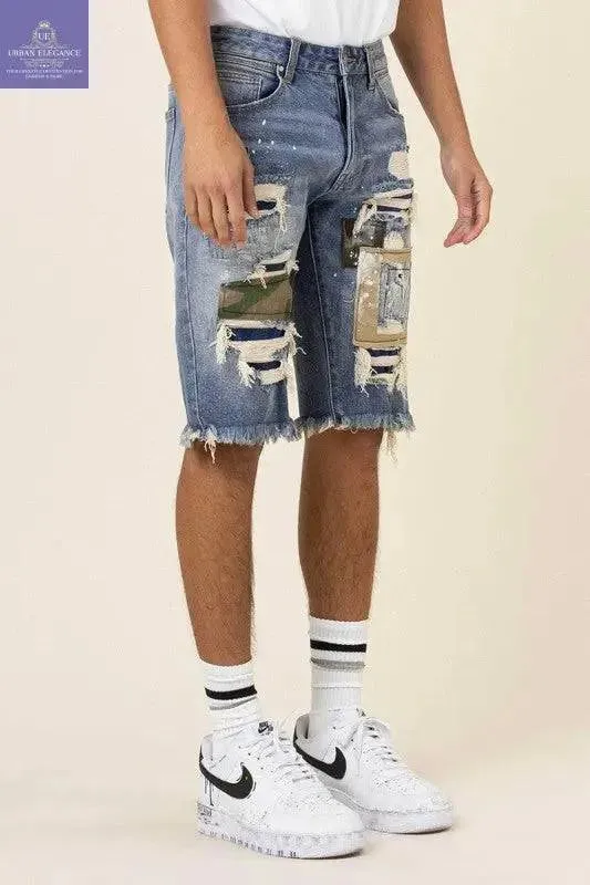 Repaired Camo & Twill Denim Bermuda Shorts
