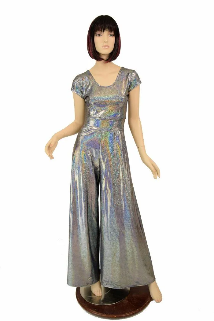 Silver Holographic Wide Leg Jumpsuit