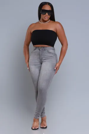 Sorry For You High Rise Fitted Skinny Jeans - Grey