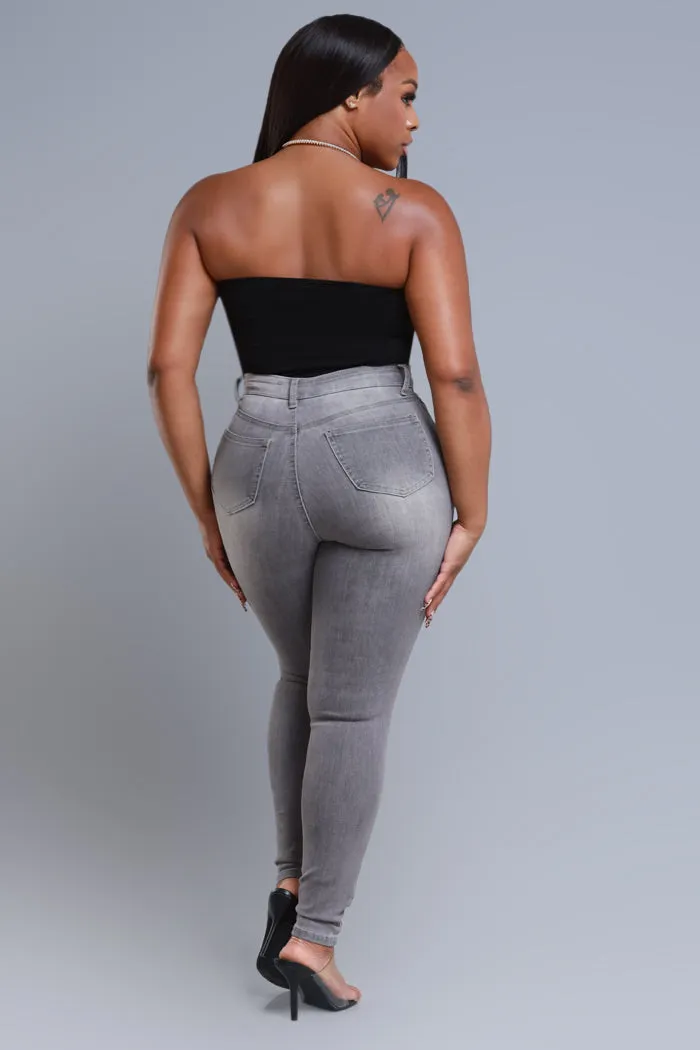 Sorry For You High Rise Fitted Skinny Jeans - Grey