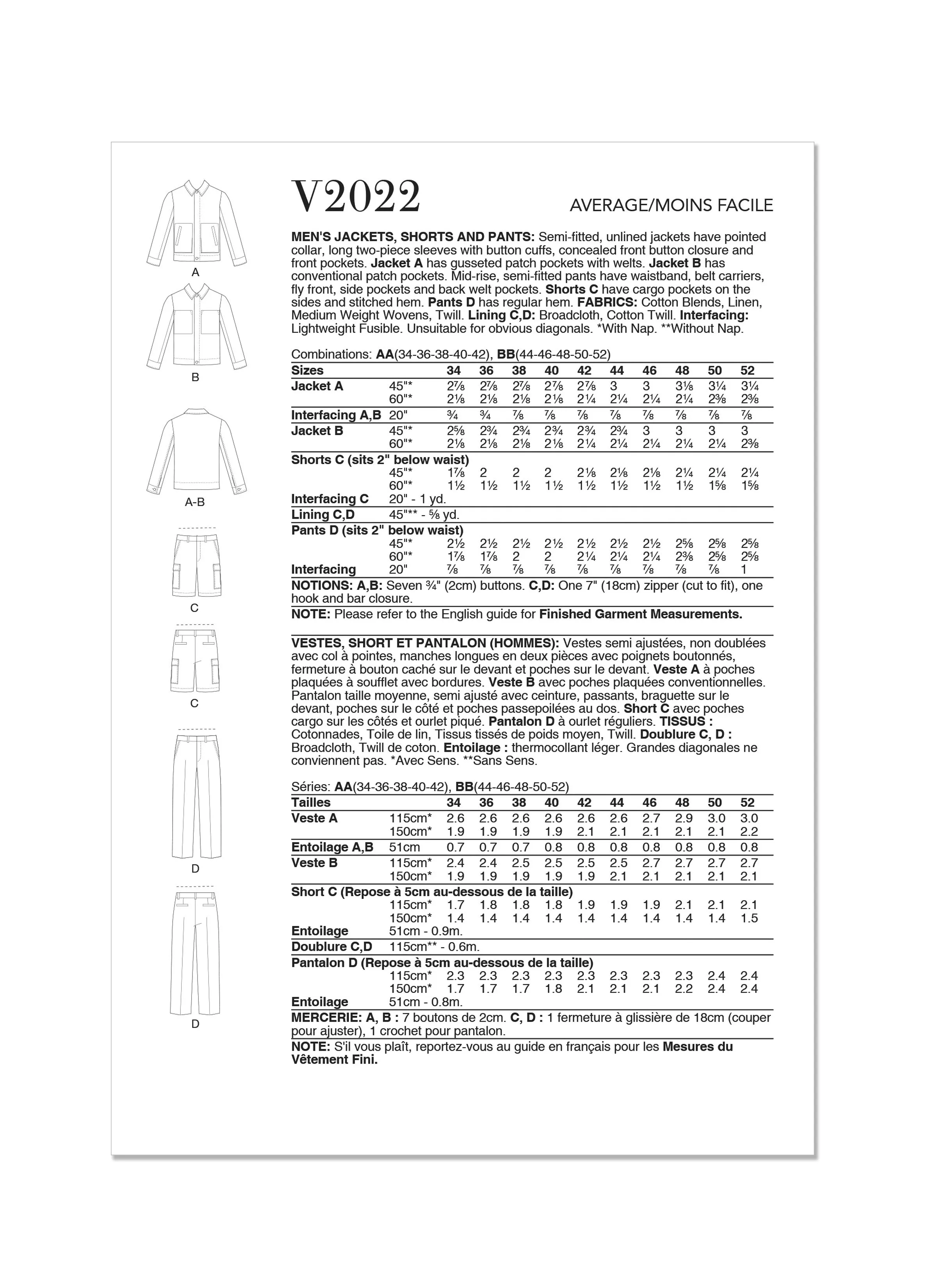 Vogue Sewing Pattern 2022 Men's Jackets, Shorts and Trousers