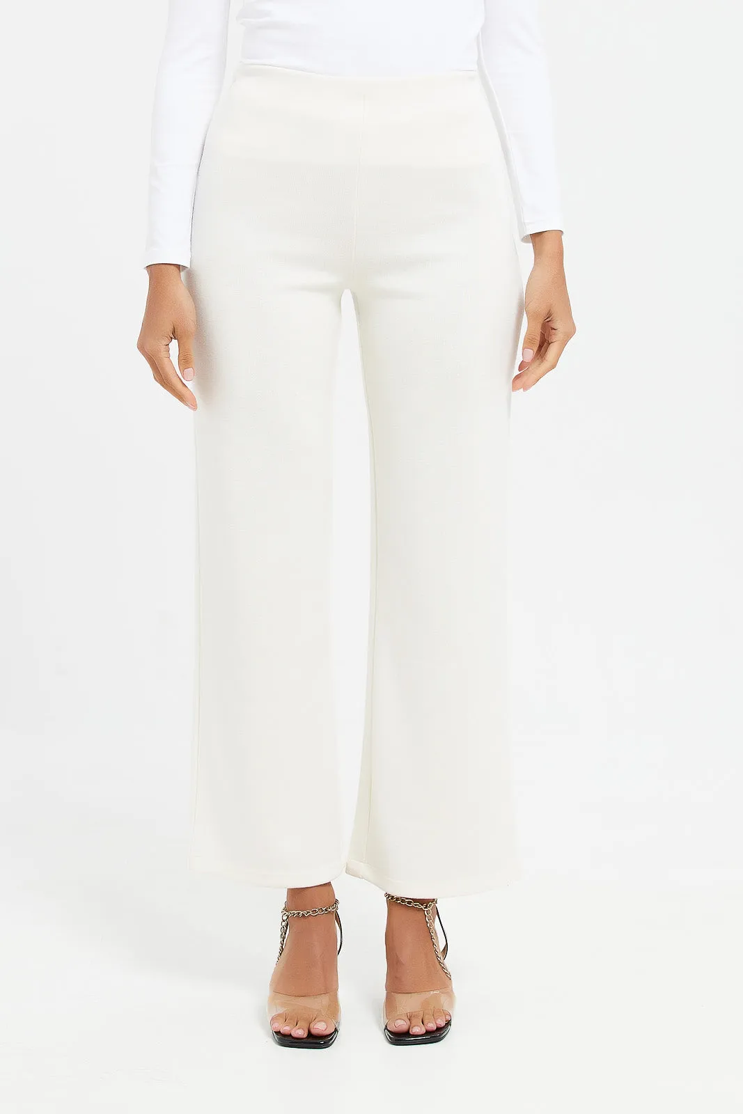 Women White High Waist Wide Leg Trouser